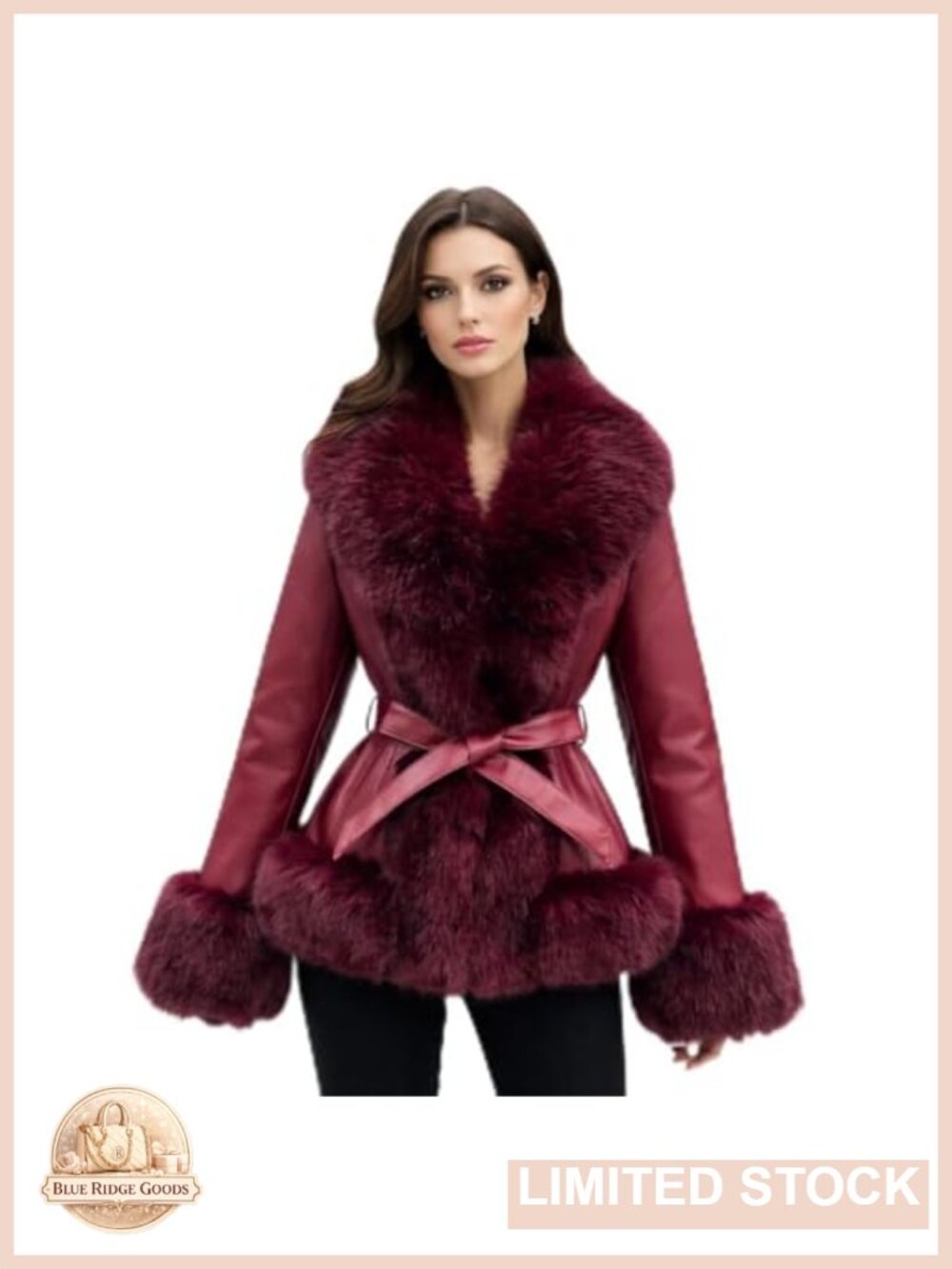 Vegan Leather Jacket Waist Length Faux Fur Trim Fleece Lined Belted Winter Coat